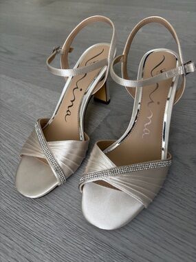 Nina Champagne Satin Open-Toe Heels with Rhinestone Strap